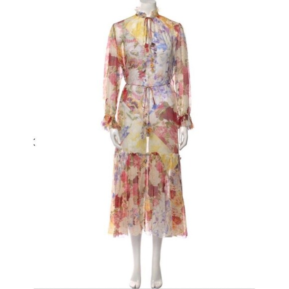 Zimmermann Multicolor Floral Print Silk Belted Wonderland Midi Dress 1 (S) - Picture 2 of 6